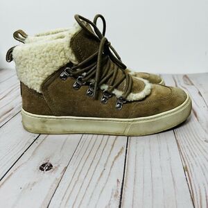 Marc Fisher LTD Sana Faux Fur Trim Leather Sneakers Tan Booties Sz 5 1/2
